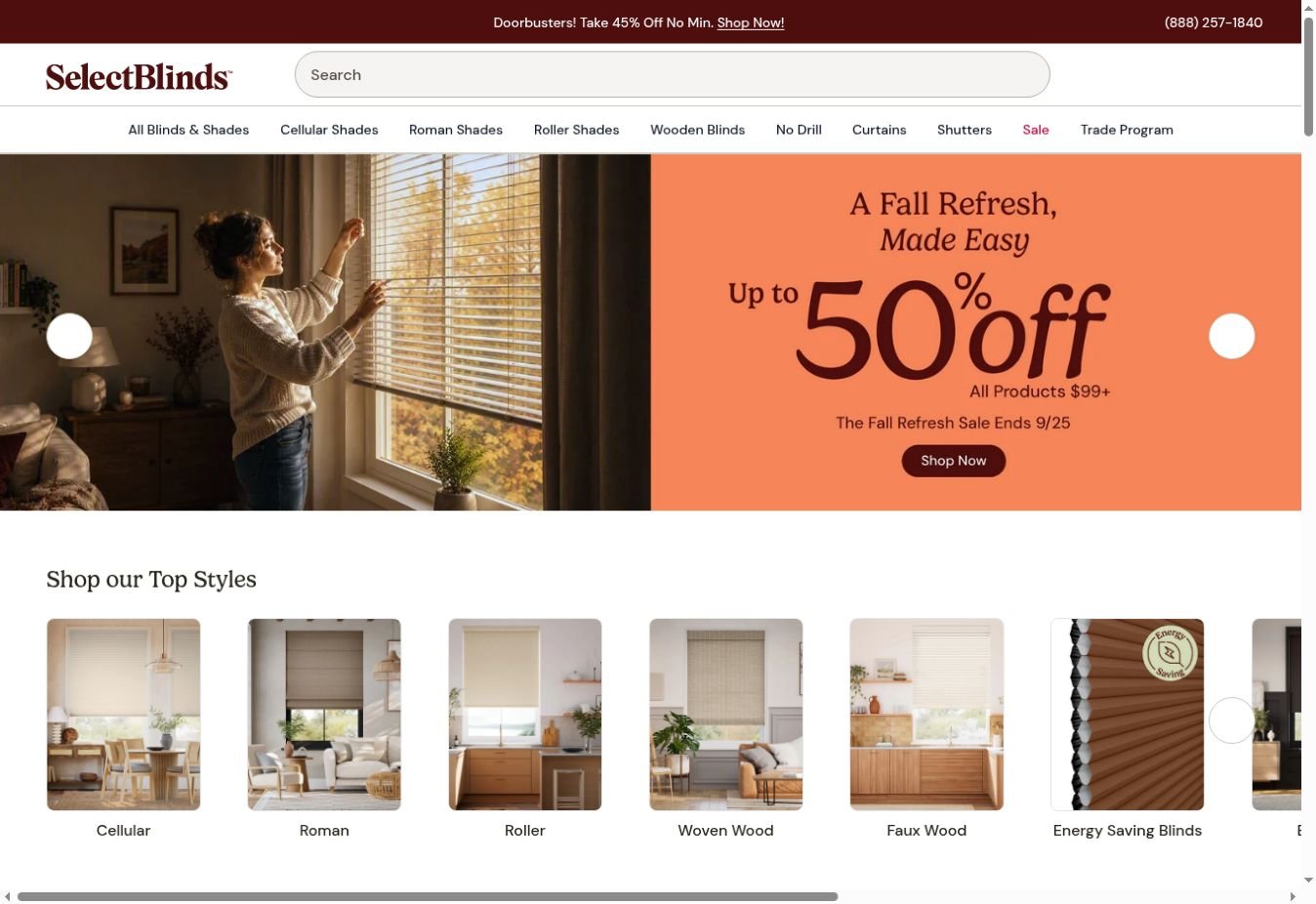 Screenshot of the SelectBlinds official website